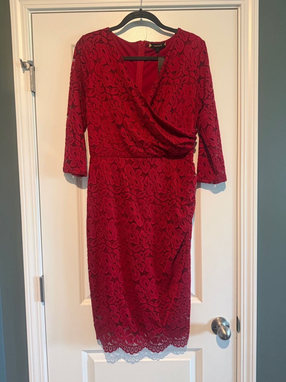 Miusol Red Lace Faux-Wrap Midi Dress